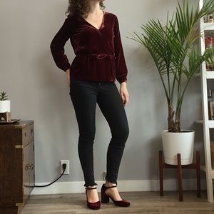 NWT J Crew Burgundy Velvet Faux Wrap Top